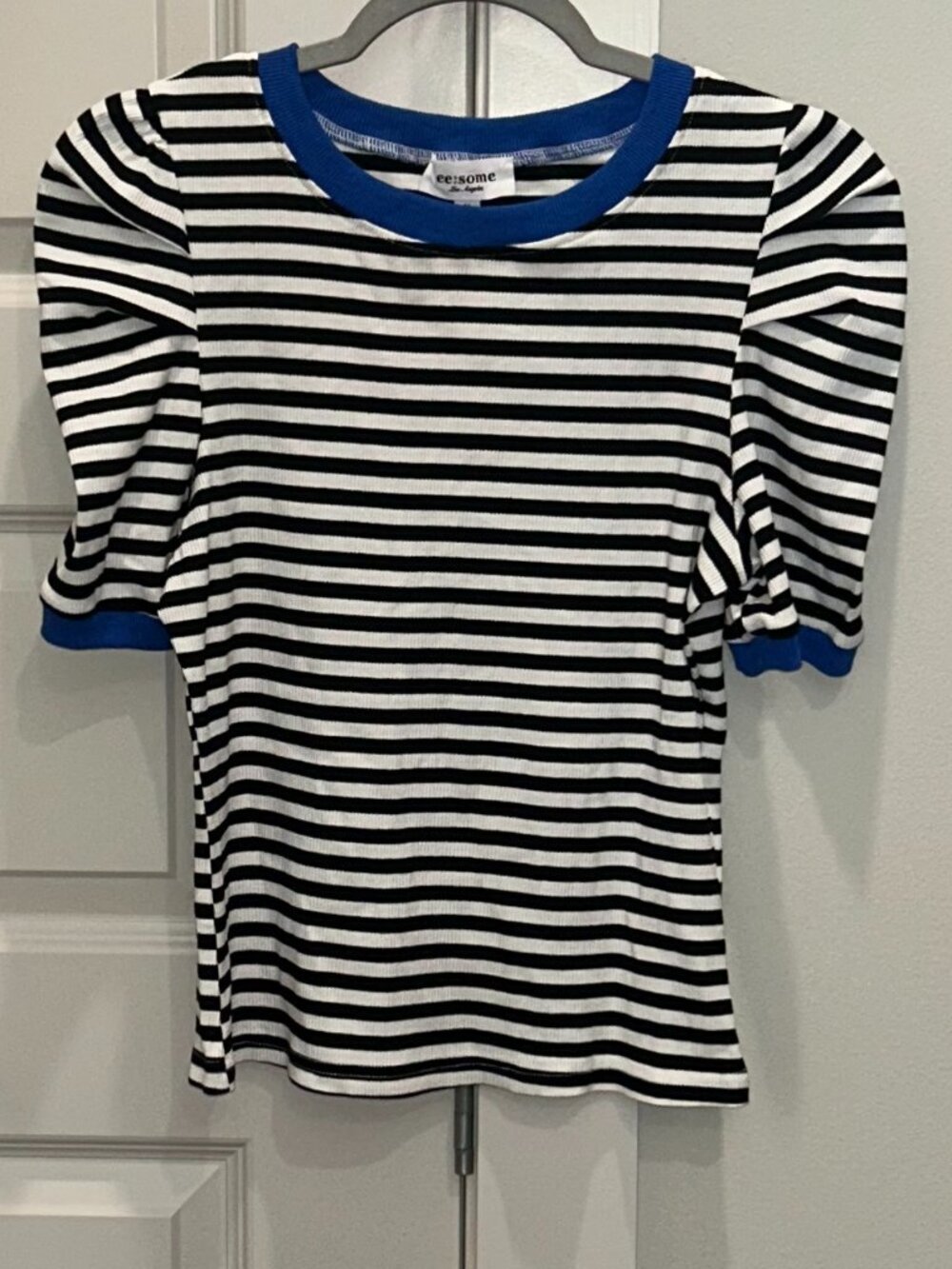 eesome Black and White Ribbed Crew Neck Top with Blue Trim